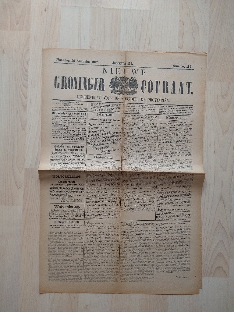 Nieuwe Groninger Courant. Maandag 20 augustus 1917, Ophalen of Verzenden, Zo goed als nieuw, Muziek, Film of Tv