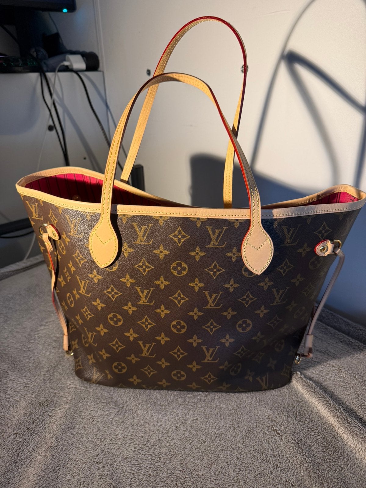 Louis Vuitton Neverfull MM Monogram + Pouch, Sieraden, Tassen en Uiterlijk, Ophalen of Verzenden, Zo goed als nieuw, Bruin, Handtas