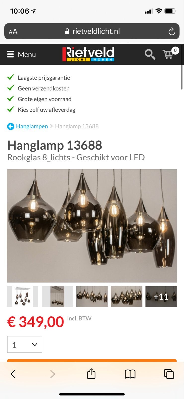 Rietveld Hanglamp 13688 Rookglas 8-lichts - Geschikt voor LE, Huis en Inrichting, Lampen | Hanglampen, Ophalen, Zo goed als nieuw