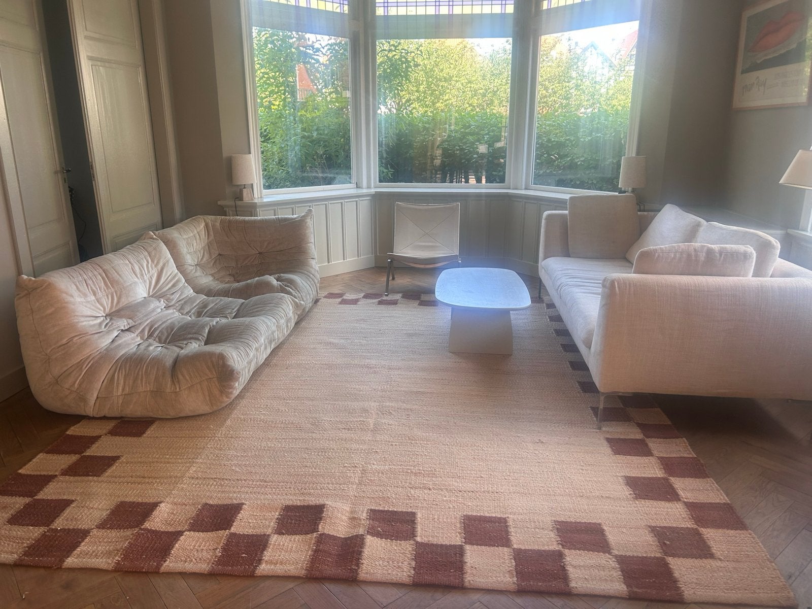 Vloerkleed 250x350 cm - Beige met bruin schaakbordpatroon, Beige, Ophalen of Verzenden, Zo goed als nieuw, 200 cm of meer
