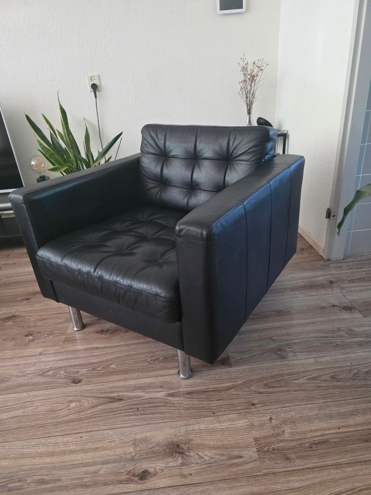 IKEA LANDSKRONA Fauteuil Zwart Leer - Tijdloos Design, Modern, Klassiek, Tijdloos, Gebruikt, 75 tot 100 cm, Ophalen of Verzenden