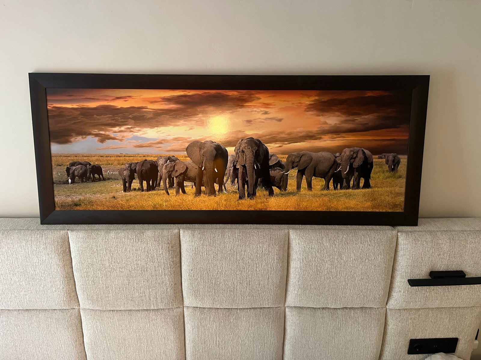 Groot Olifanten Schilderij - Zonsondergang - 62x160cm, Ophalen, Hout, Print, Dieren