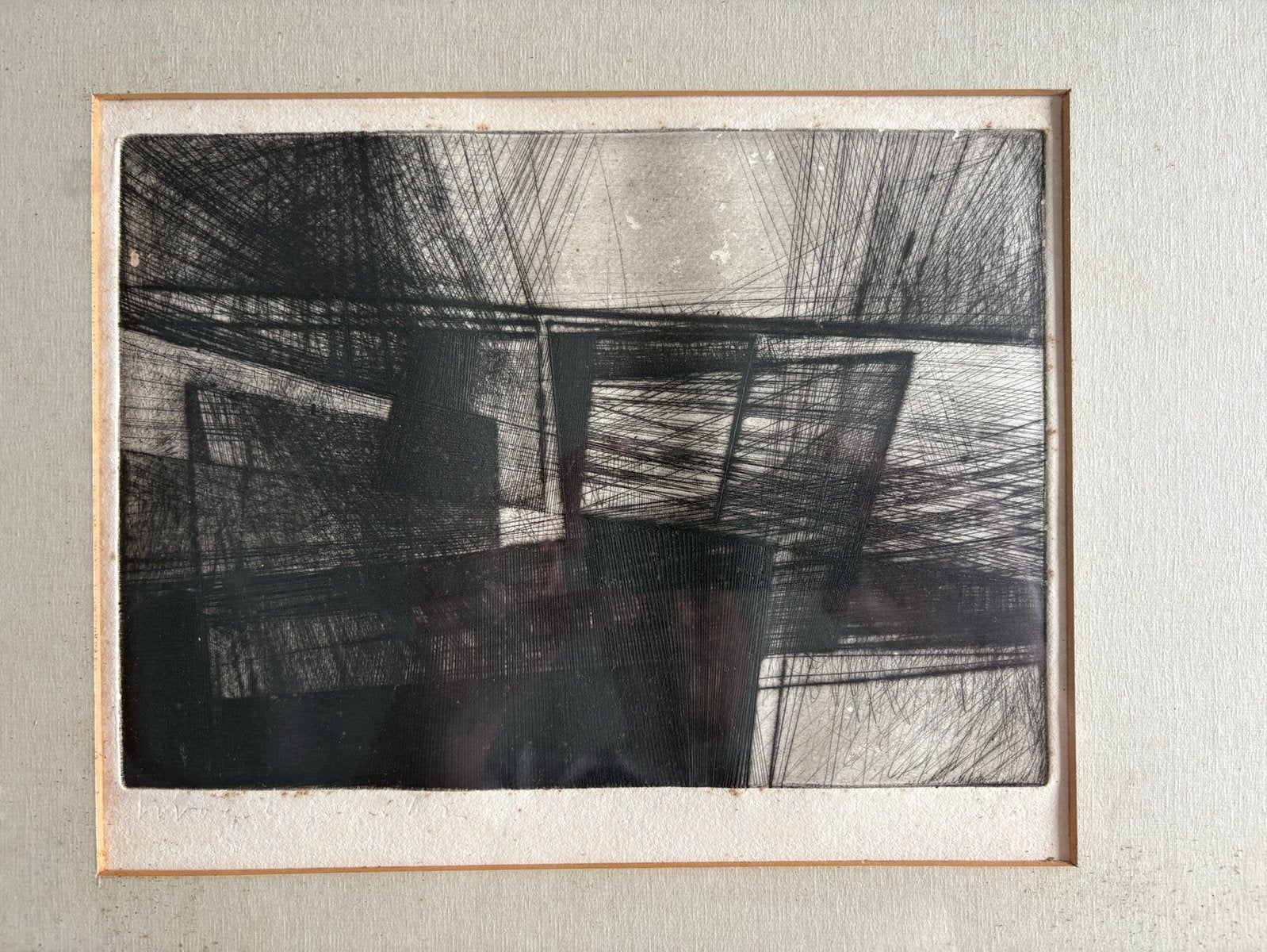 Constructivistische ets gesigneerd jaren 50-60, Antiek en Kunst, Kunst | Etsen en Gravures, Genummerd, Architectuur, Ophalen of Verzenden