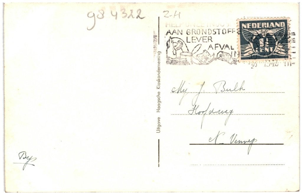 984322	Den Haag	Witte Brug	1943 ZH	Gelopen met Postzegel, Ophalen of Verzenden, 1940 tot 1960, Gelopen, Zuid-Holland