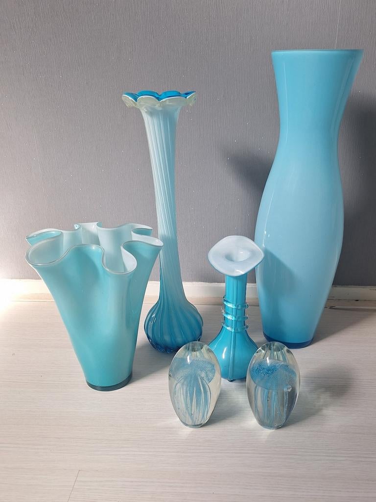 Glazen vazen blauw presse papier kwallen, Ophalen, Blauw, Minder dan 50 cm, Glas