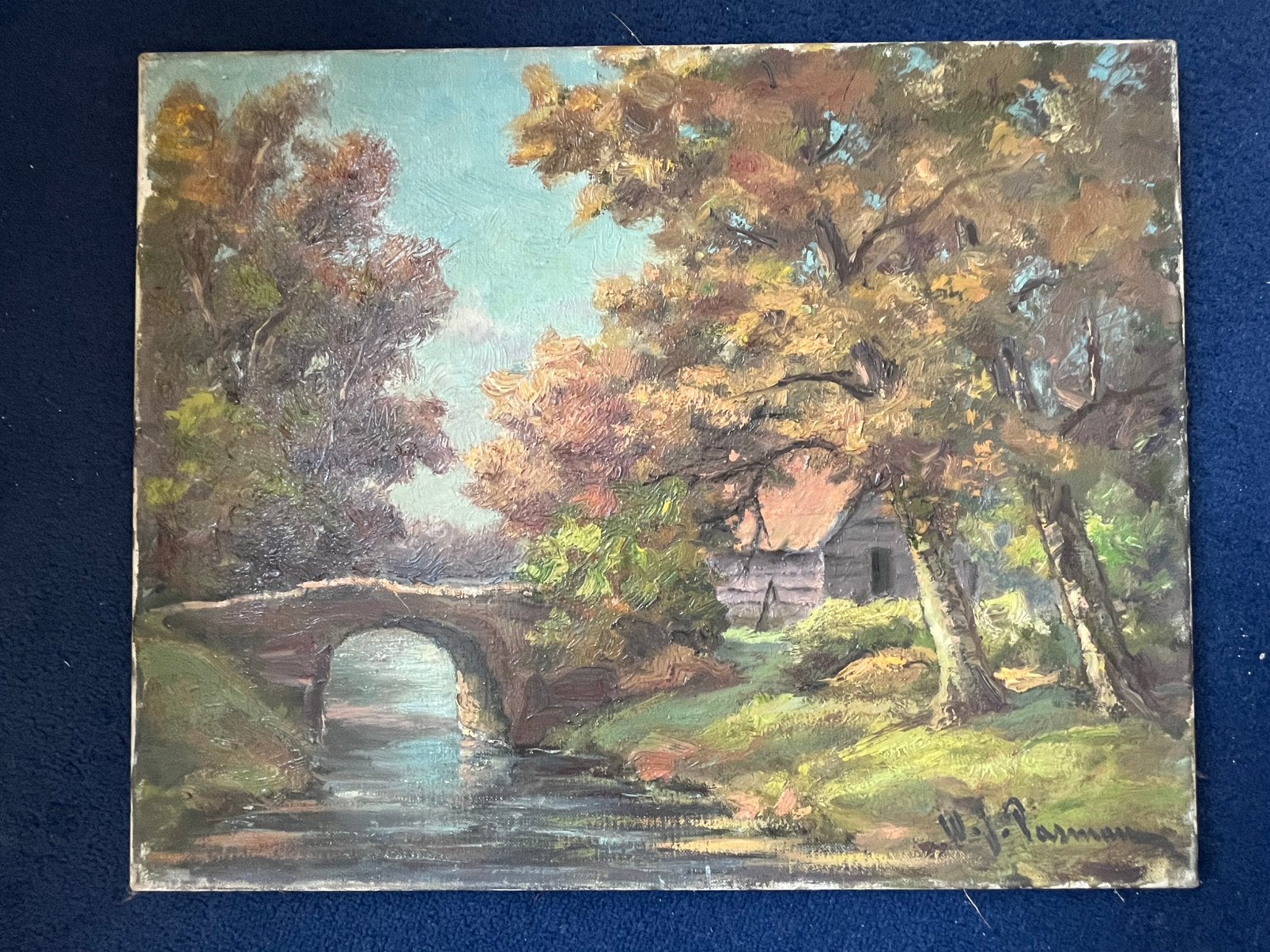 W.J. Pasman Schilderij - Landschap met brug en huisje, Nederlandse school, Doek, Ophalen of Verzenden, Landschap