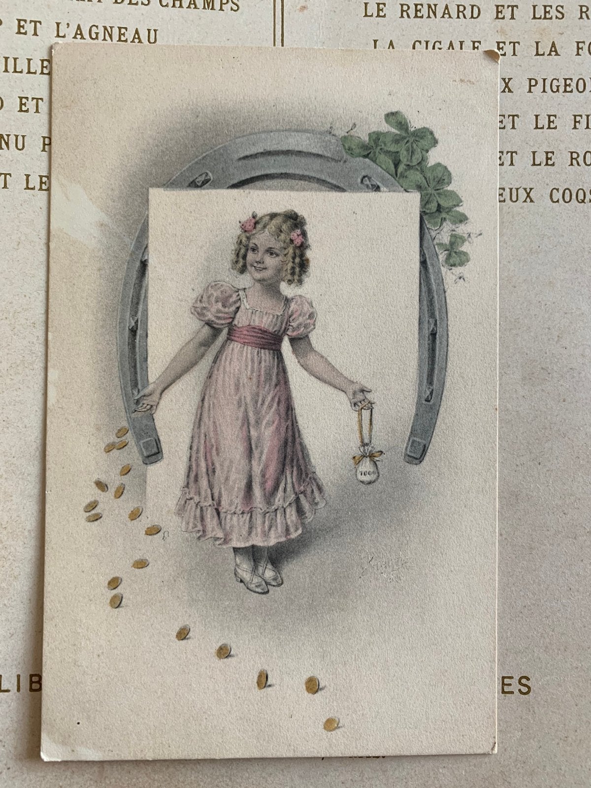 Nieuwjaar - meisje, zakje geld, hoefijzer (VC), Ophalen of Verzenden, Voor 1920, Gelopen, Feest(dag)