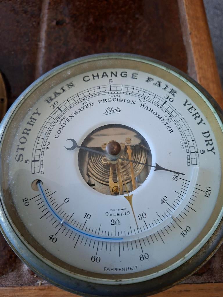 Antieke Schatz Barometer en Klok Set - Messing, Ophalen of Verzenden, Gebruikt, Barometer