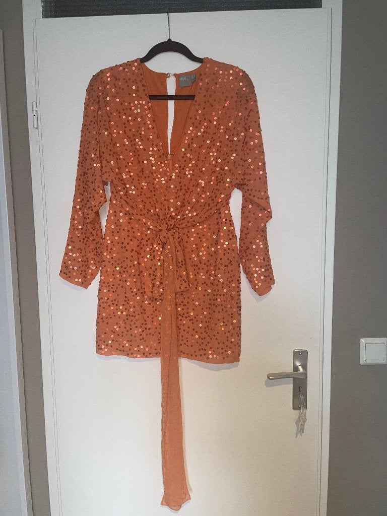ASOS oranje pailletten glitter studs jurk dress mt 36, Oranje, Ophalen of Verzenden, Zo goed als nieuw, Maat 36 (S)