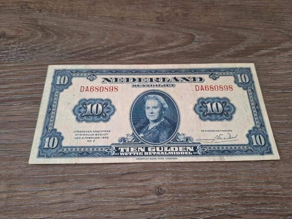 Heel mooi biljet 10 gulden 1943, muntbiljet Wilhelmina, Ophalen of Verzenden, 10 gulden