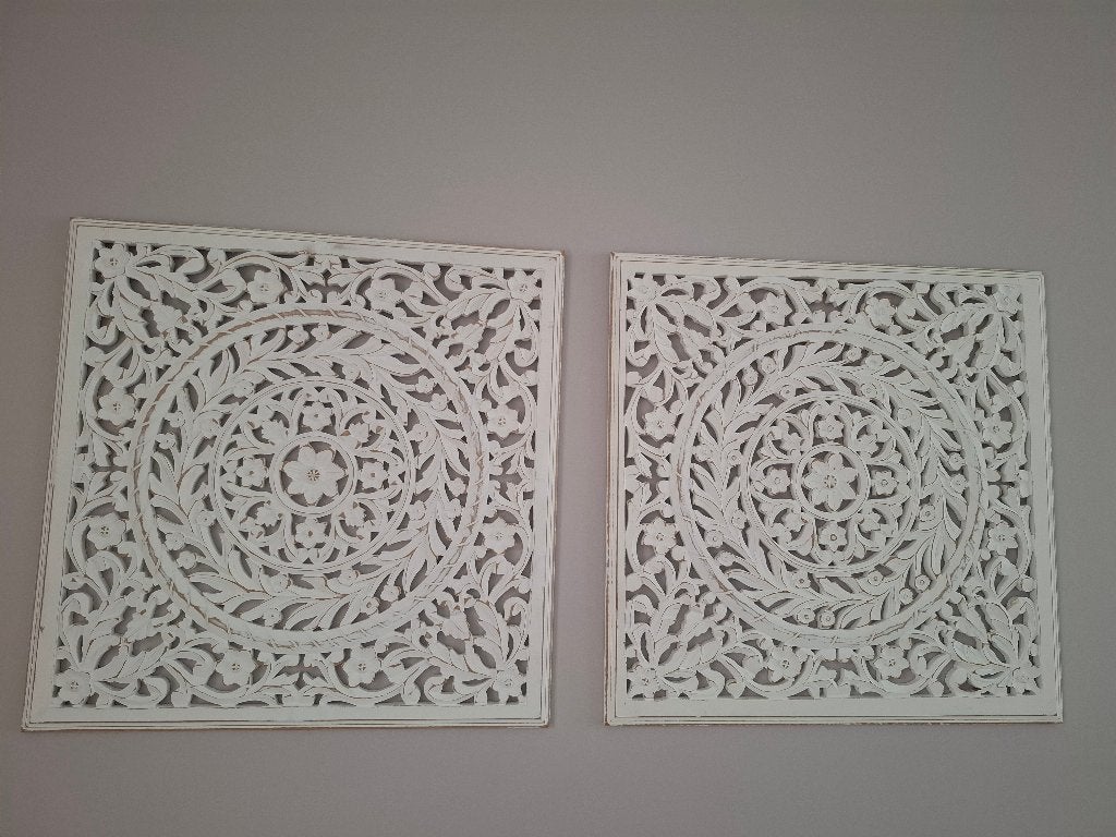 2 witte houten wandpanelen, Huis en Inrichting, Ophalen, Zo goed als nieuw, Wandbord of Wandpaneel, Wit