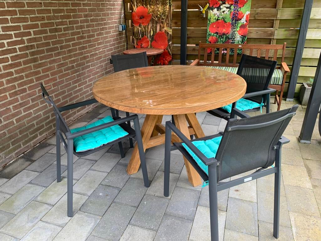 Massieve ronde teakhouten tuintafel, Tuin en Terras, Ophalen of Verzenden, Zo goed als nieuw, Rond, Hout