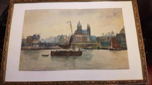 W.A. Knip (1883-1967) aquarel stadsgezicht Amsterdam., Antiek en Kunst, Kunst | Schilderijen | Klassiek, Ophalen