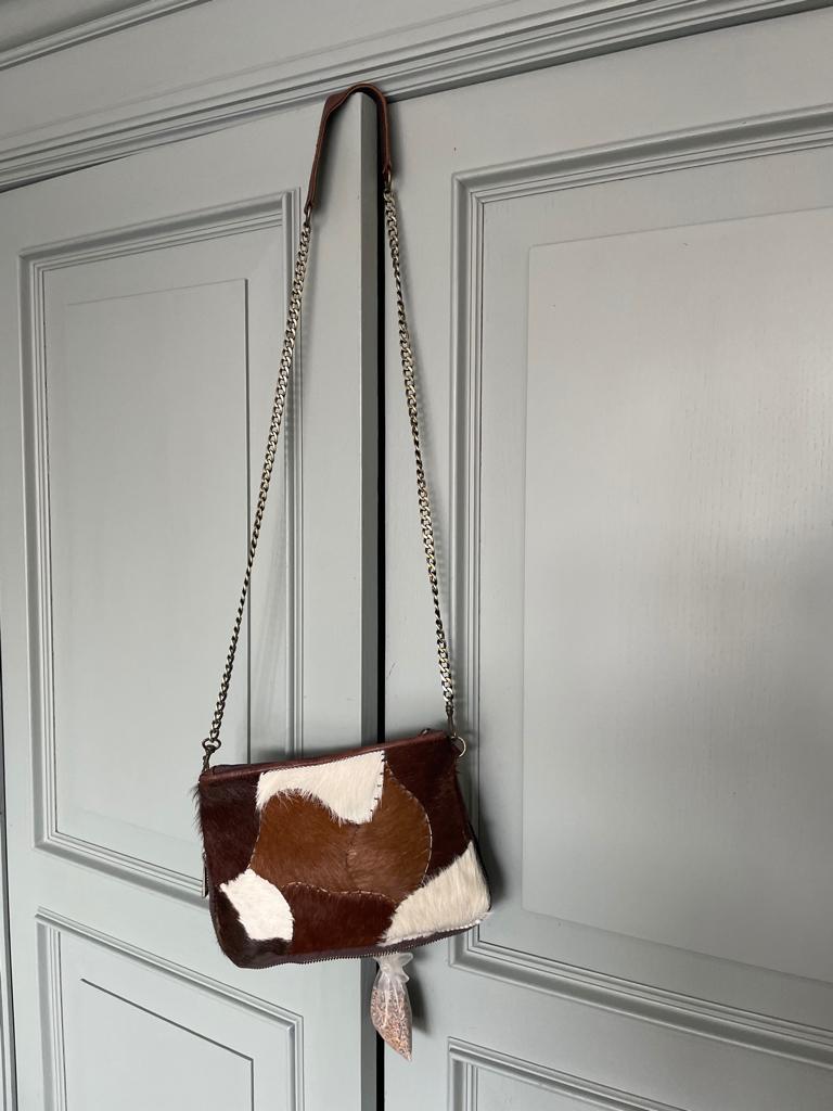 Leren patchwork schoudertasje - Koeienhuid  - Tas-039, Verzenden, Gebruikt, Bruin, Schoudertasje
