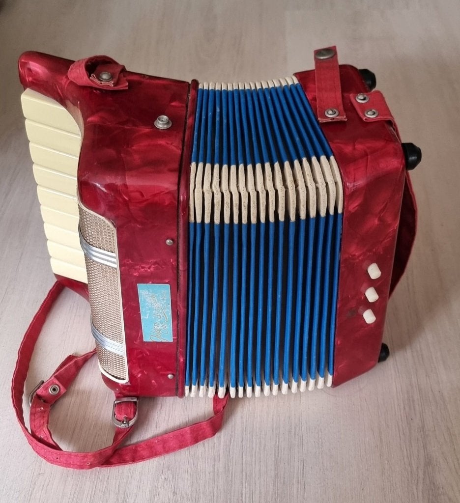 kinder trekharmonica, Muziek en Instrumenten, Accordeons, Met riemen, Overige formaten, Toetsaccordeon, Zo goed als nieuw