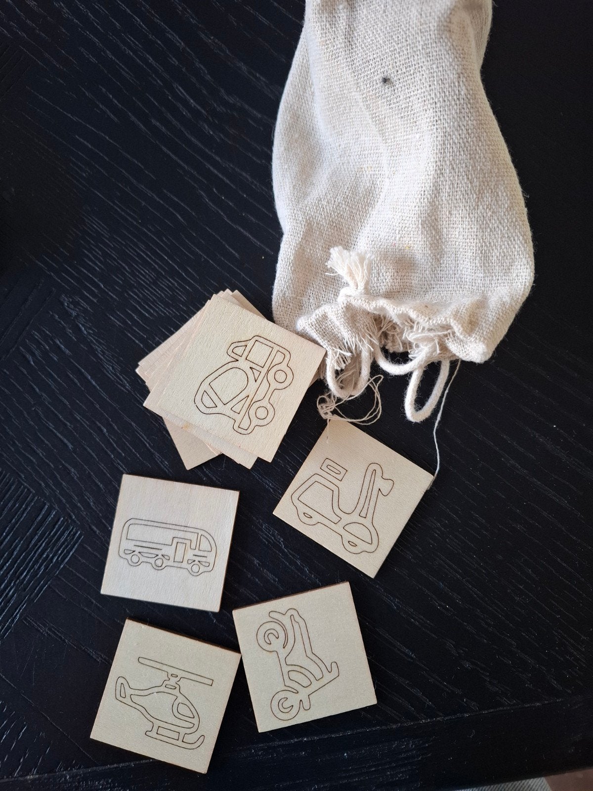 Houten memory spel met voertuigen in linnen zakje, Ophalen of Verzenden, Zo goed als nieuw, Overige typen