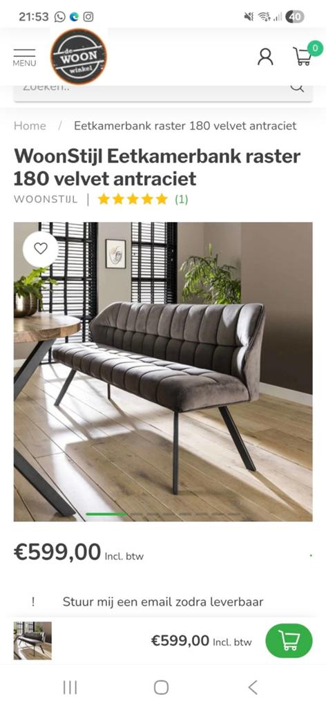 WoonStijl Eetkamerbank raster 180 velvet antraciet, Ophalen, Twee, Modern, Industrieel, Zo goed als nieuw