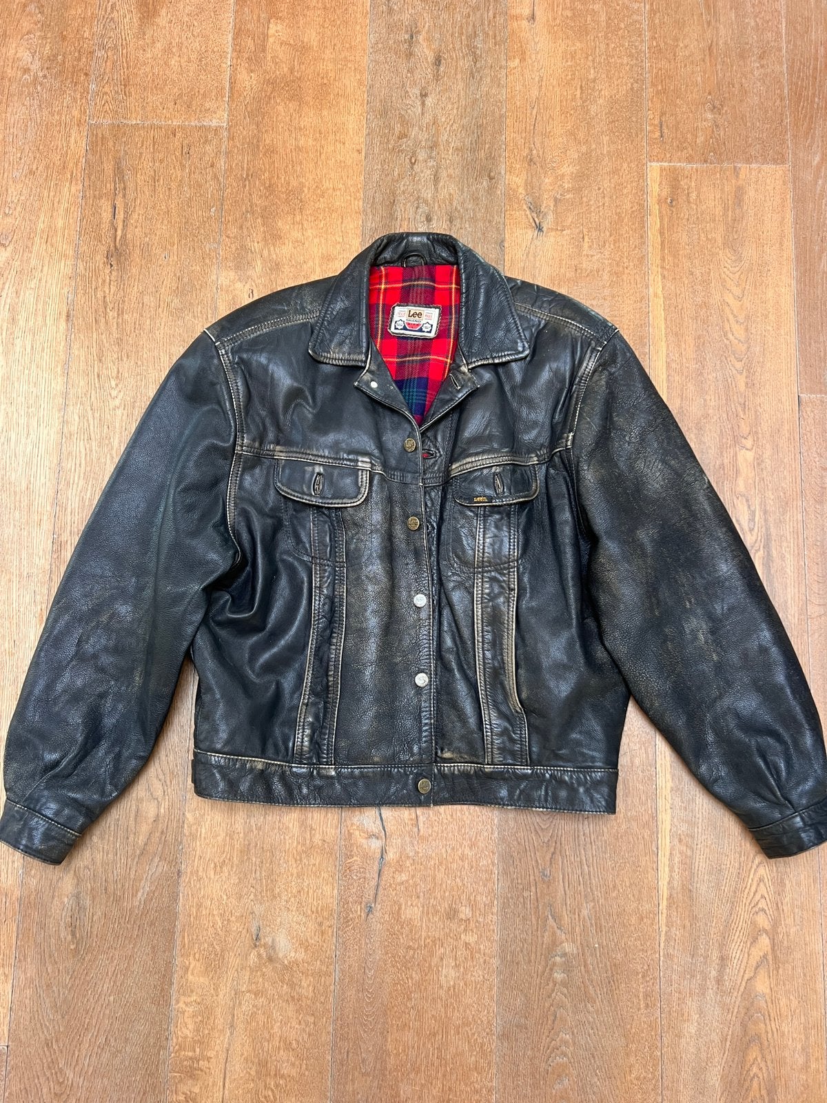 Vintage Lee Riders Trucker Spijkerjack Leer Unisex Zwart L, Ophalen of Verzenden, Gedragen, Maat 52/54 (L), Zwart
