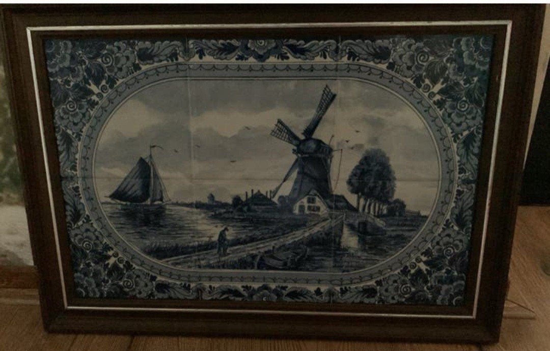 Delfts Blauw Tegeltableau met Hollandse Molen, Antiek en Kunst, Antiek | Wandborden en Tegels, Ophalen