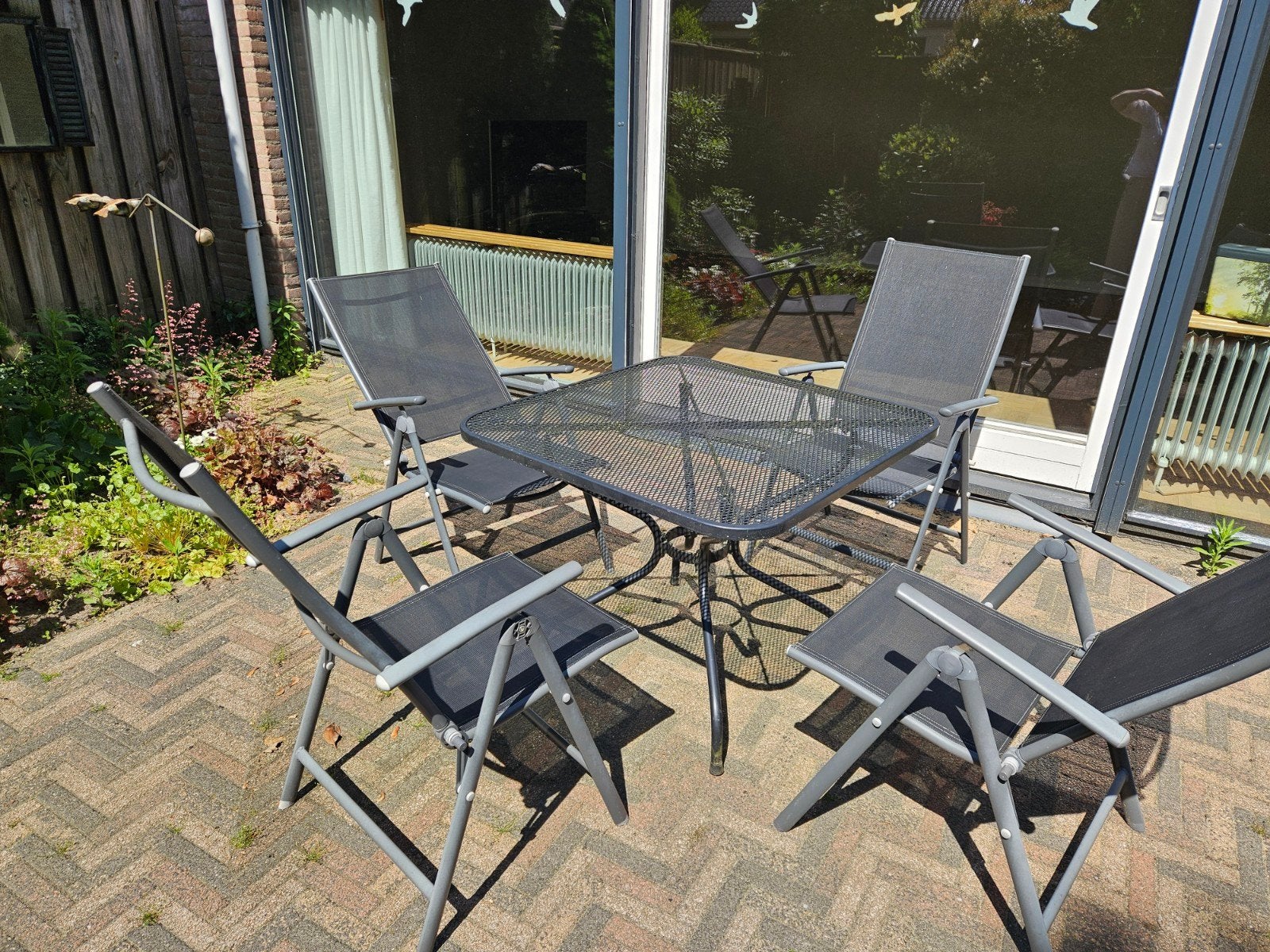 Tuinset met 4 verstelbare alluminium stoelen en tafel, Ophalen, Gebruikt, Aluminium