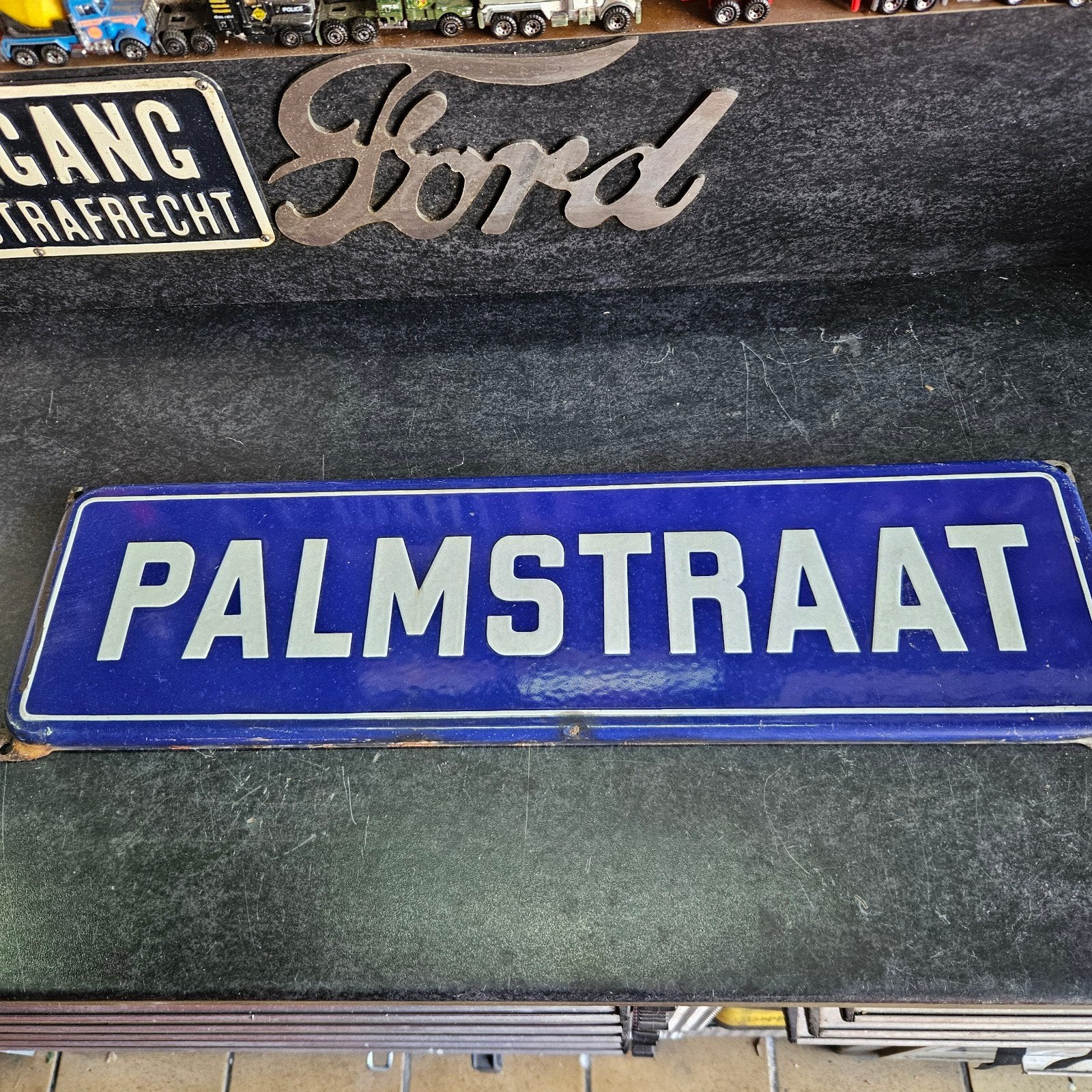 Vintage geëmailleerd straatnaambord 'PALMSTRAAT', Antiek en Kunst, Verzenden
