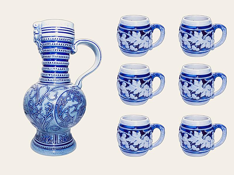 Vintage Westerwald Steengoed Wijnset – Karaf + 6 Bekers, Gebruikt, Keramiek, Overige typen, Ophalen of Verzenden