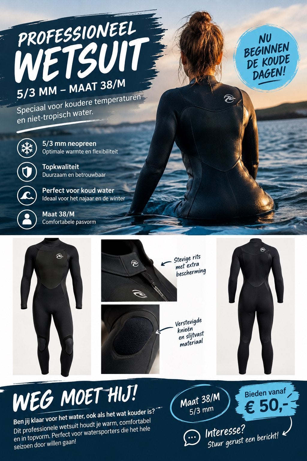 Professioneel Wetsuit 5/3 mm - Maat 38/M, Watersport en Boten, Ophalen of Verzenden, Gebruikt, Dame, Wetsuit