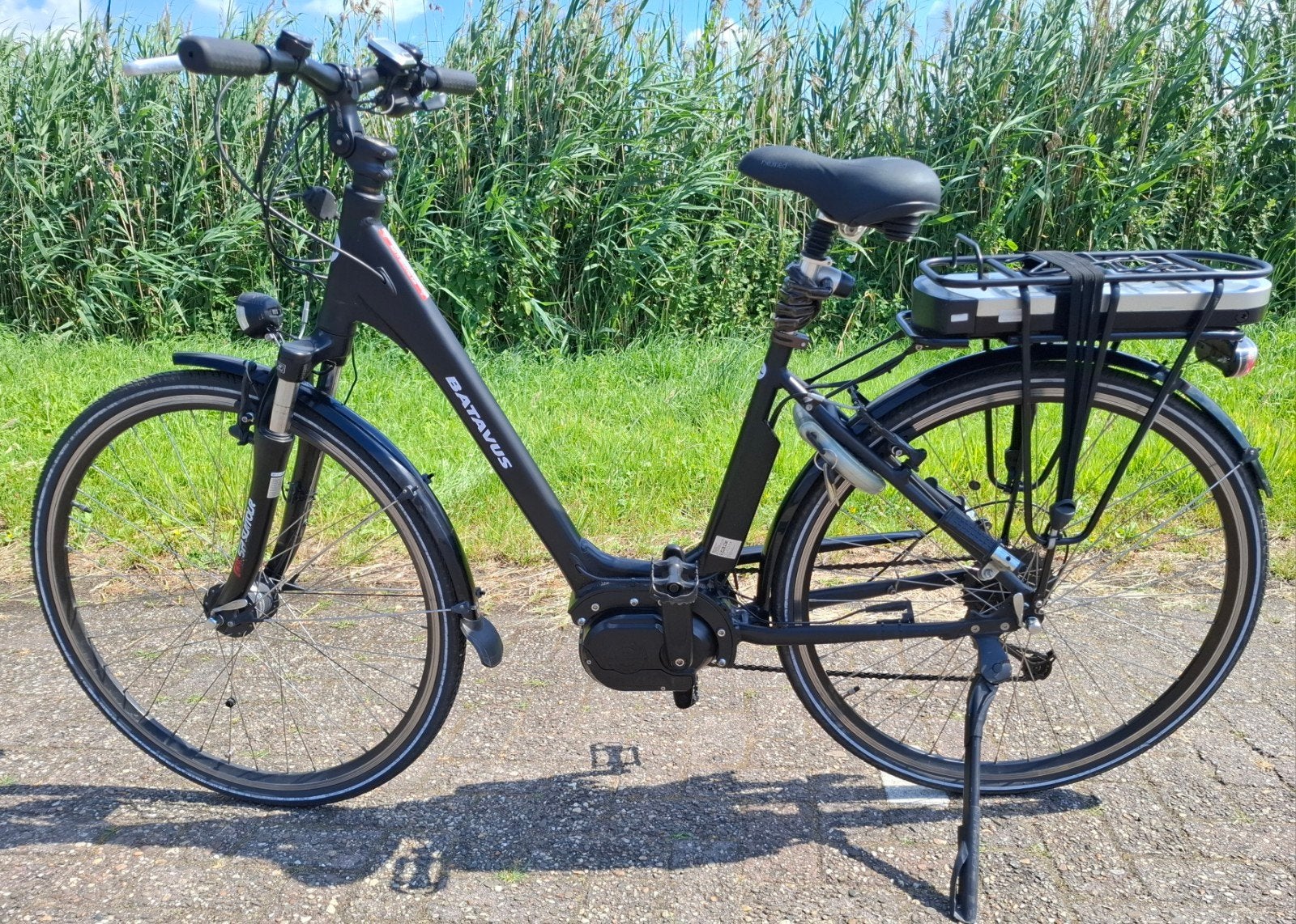 Mat zwarte elektrische damesfiets, Middenmotor, 50 cm hoog✅️, Gebruikt, Versnellingen, 50 tot 53 cm, Ophalen