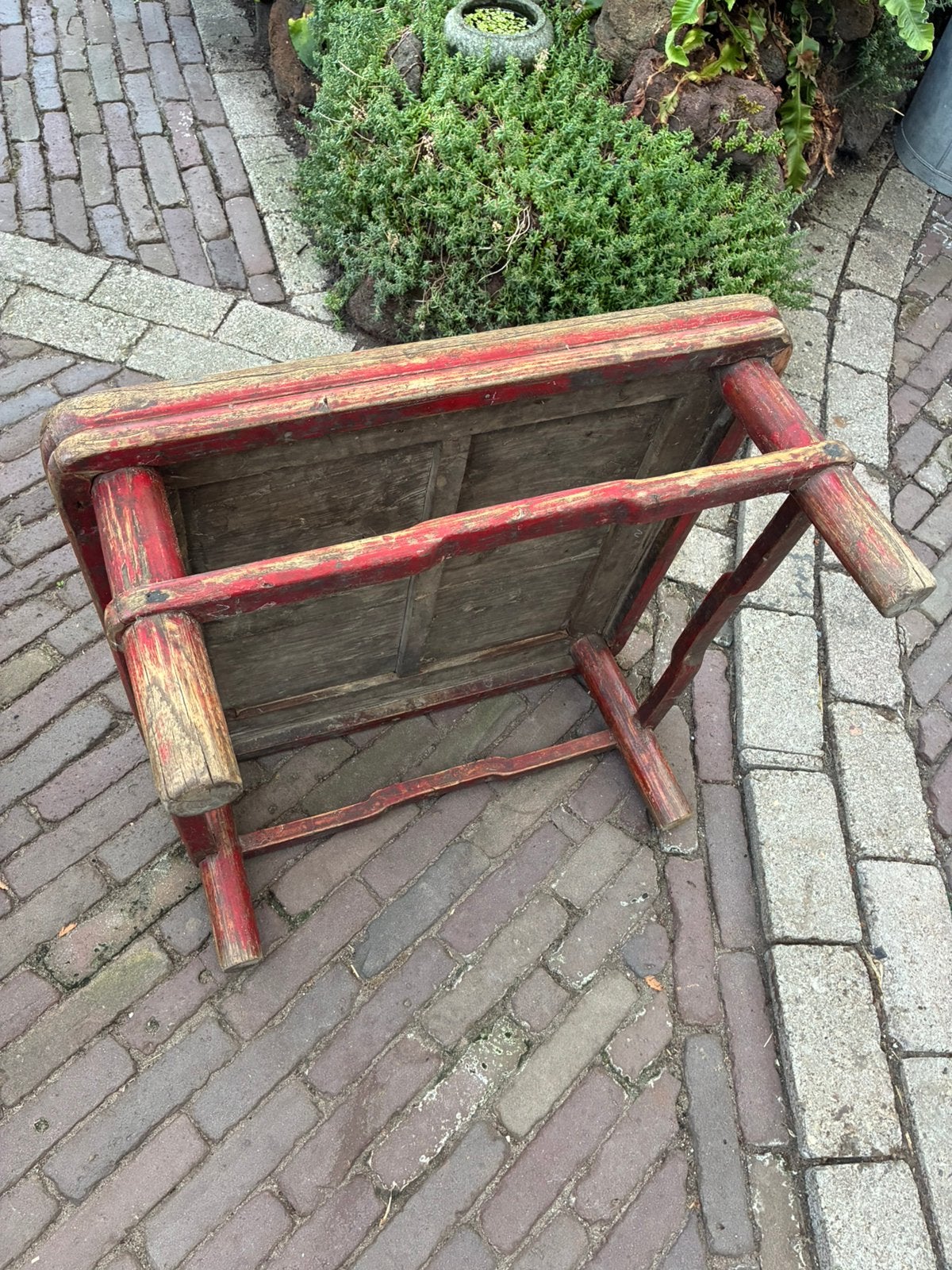 Brocante tafeltje uit van melle fabriek Rotterdam, Minder dan 45 cm, Gebruikt, Vierkant, Brocante