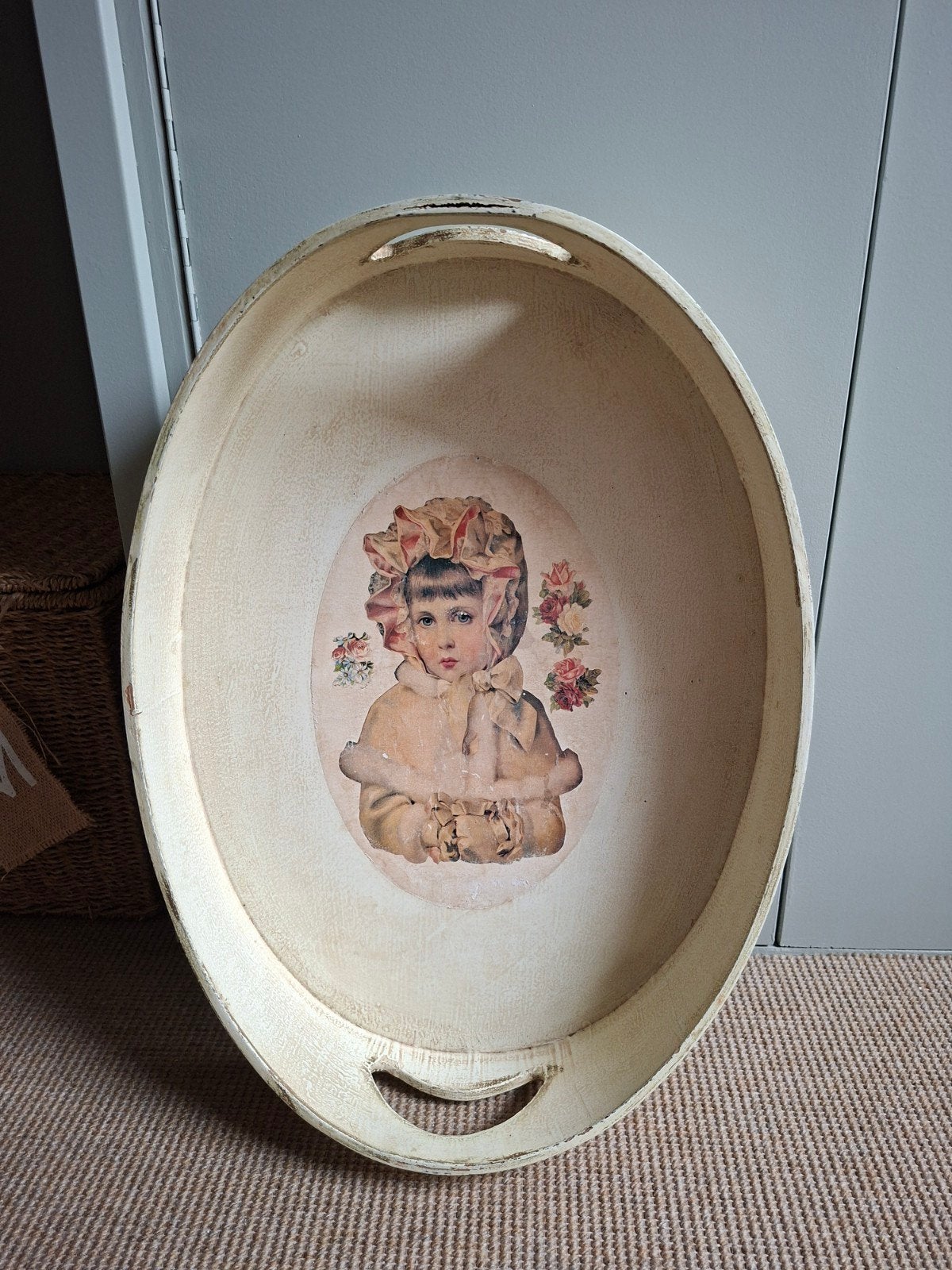 brocante dienblad, Ophalen, Gebruikt, Rechthoekig, Hout