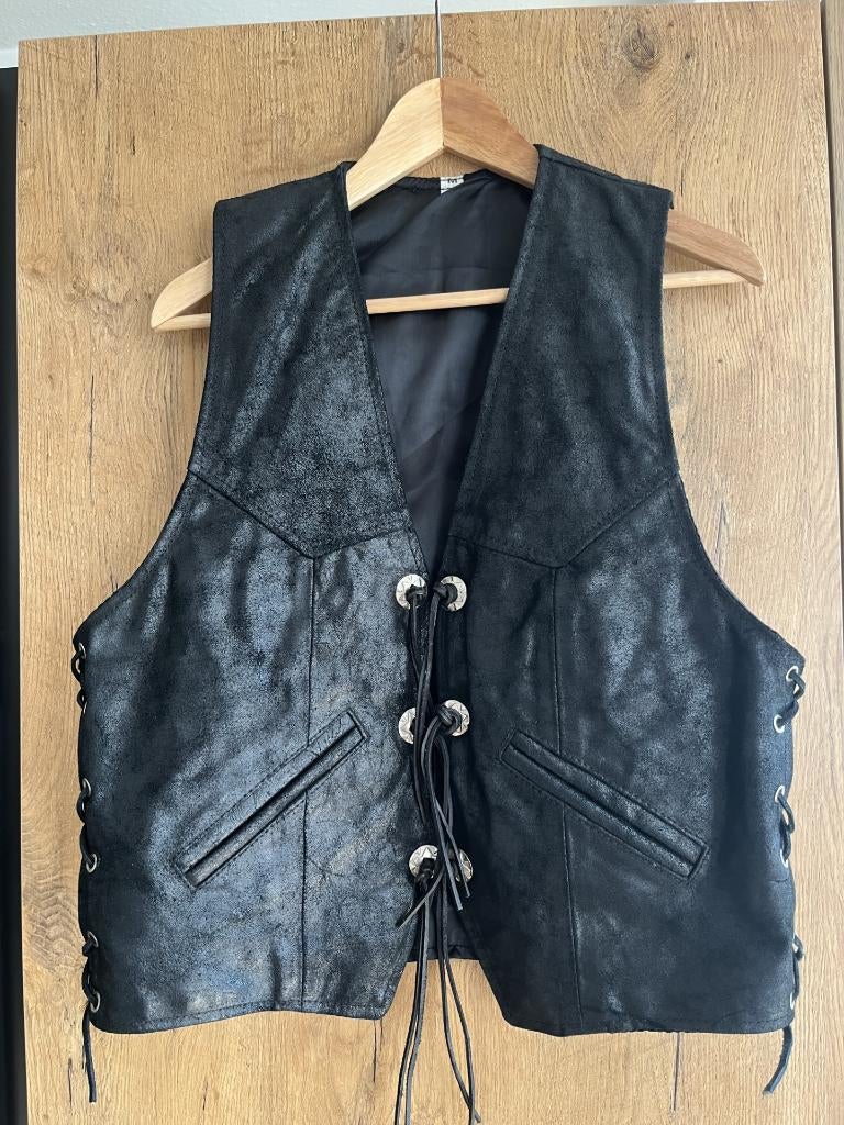 VINTAGE leren western gilet maat M echt leer franjes UNISEX, Zwart, Zo goed als nieuw, Western, Verzenden
