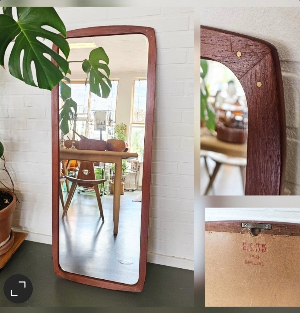 Vintage Deens design grote spiegel / passpiegel teak messing, Minder dan 50 cm, 100 tot 150 cm, Ophalen of Verzenden, Zo goed als nieuw