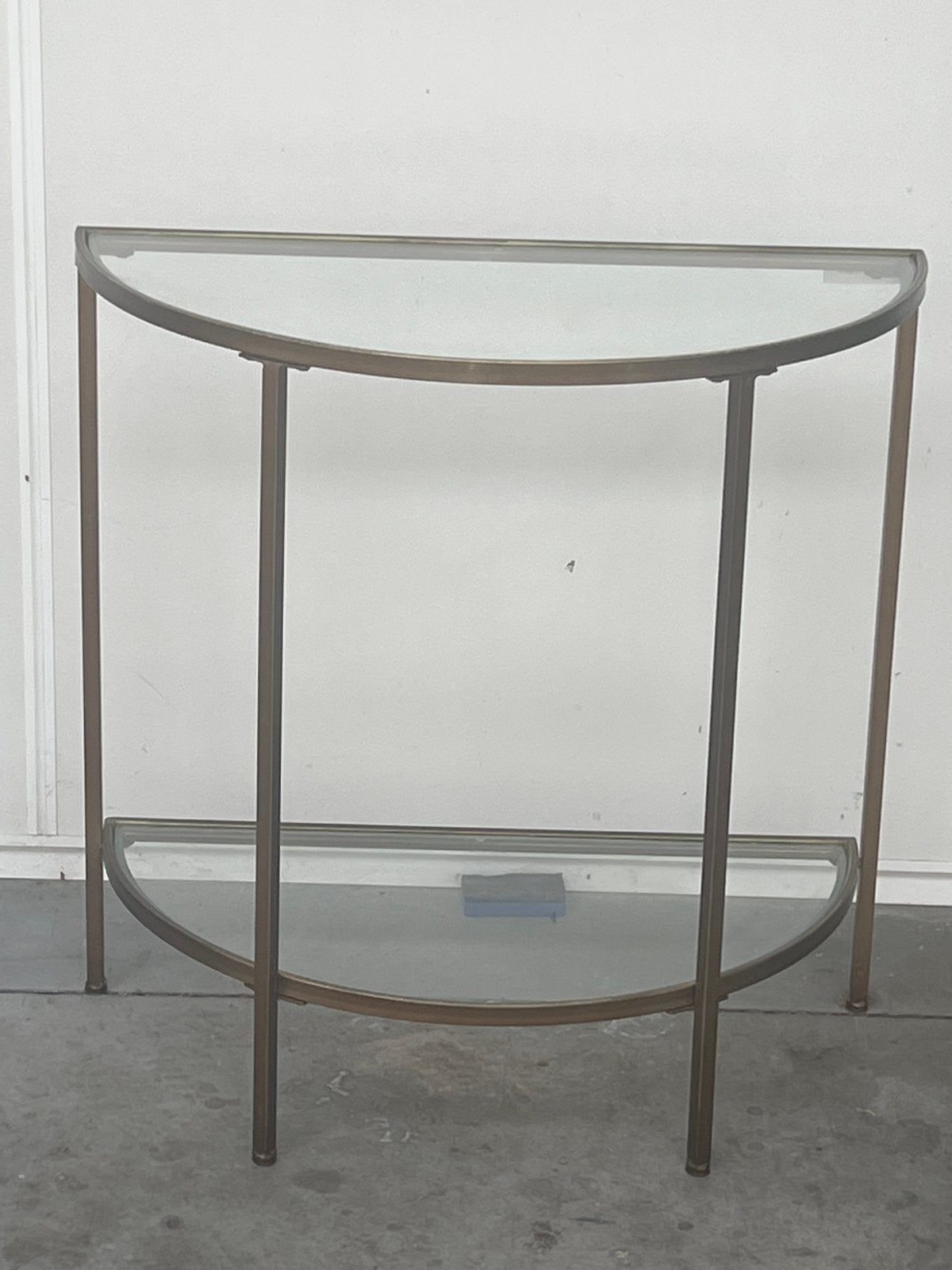 Halfronde console tafel met glazen blad en metalen frame, Ophalen, Gebruikt, Glas, 75 cm of meer