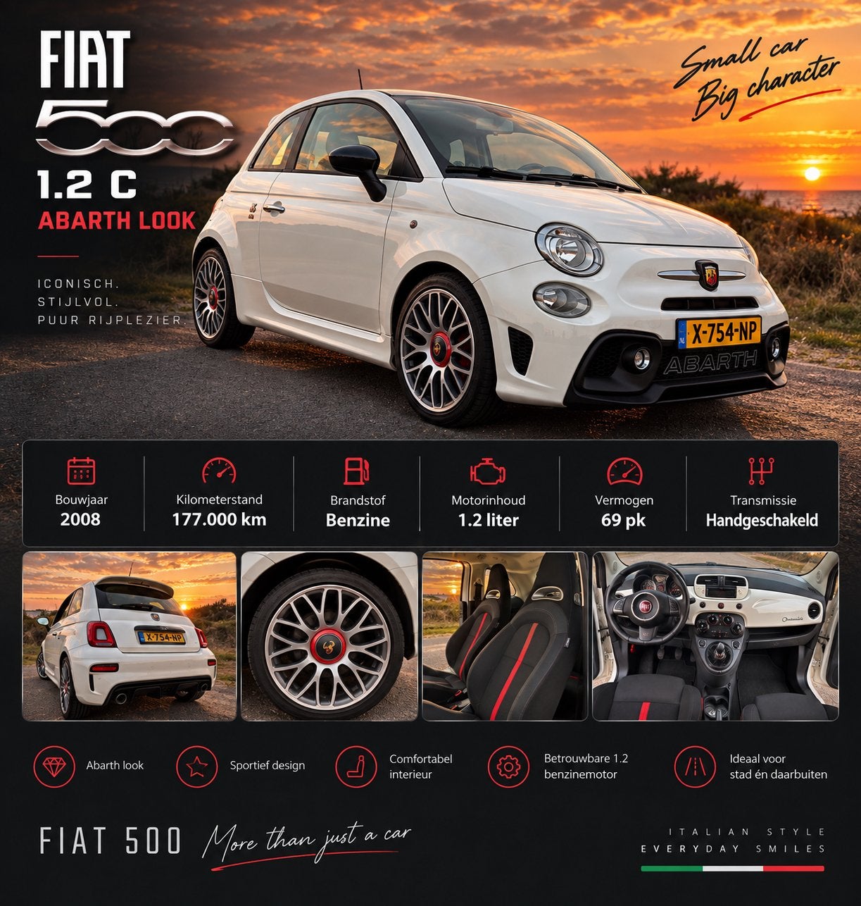 Fiat 500 1.2 C 2008 Wit. Abarth look, Voorwielaandrijving, 1242 cc, 4 cilinders, 840 kg