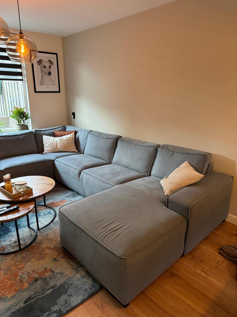 Grote blauw/grijze hoekbank met chaise longue, Ophalen, Hoekbank, 300 cm of meer, Zo goed als nieuw