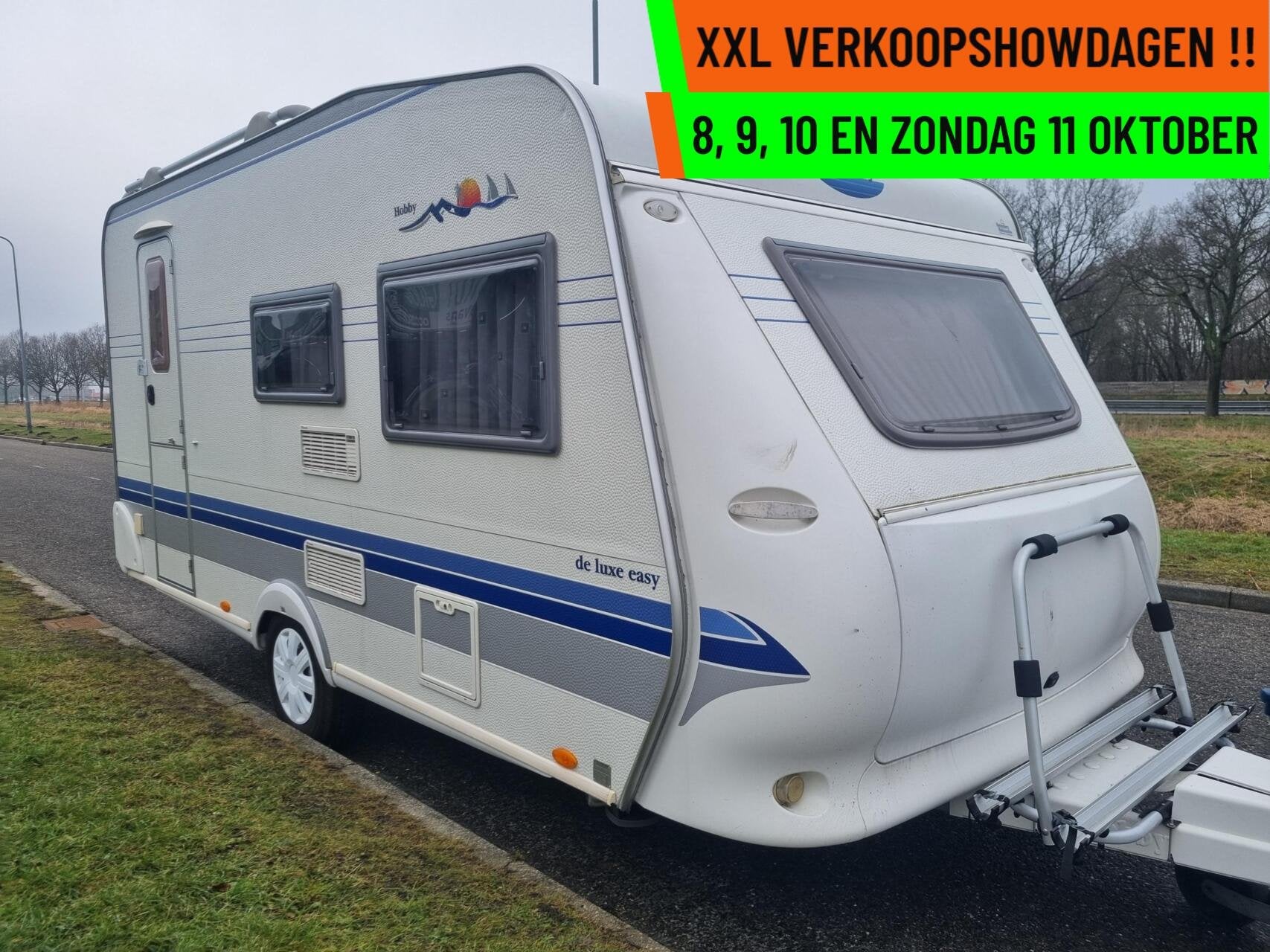 Hobby DE LUXE EASY 440 VOORTENT + DWARSBED + FIETSENDRAGER, Caravans en Kamperen, Hordeur, Hobby, Bedrijf, 6 tot 7 meter