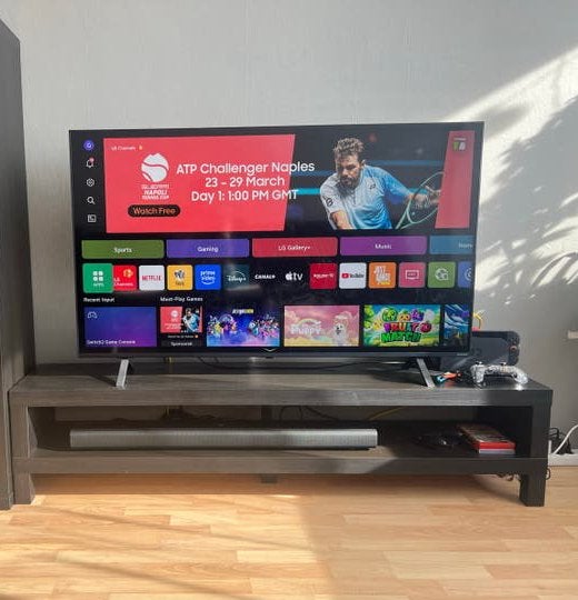 Modern TV meubel - Donkerbruin/Zwart, Gebruikt, 100 tot 150 cm, Ophalen of Verzenden, Minder dan 100 cm