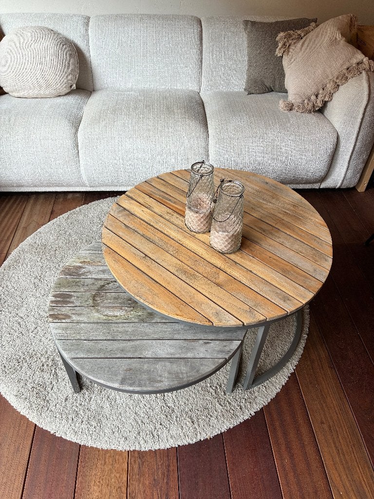 Set van 2 ronde houten salontafels, Ophalen, Minder dan 45 cm, Gebruikt, Industrieel, modern