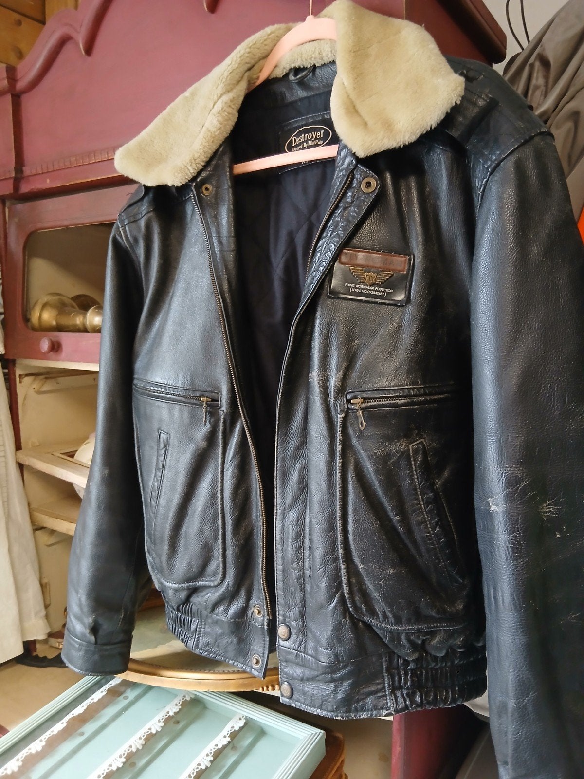 Vintage Leren Pilotenjas XL met afneembare bontkraag, Ophalen of Verzenden, Gedragen, Maat 56/58 (XL), Zwart