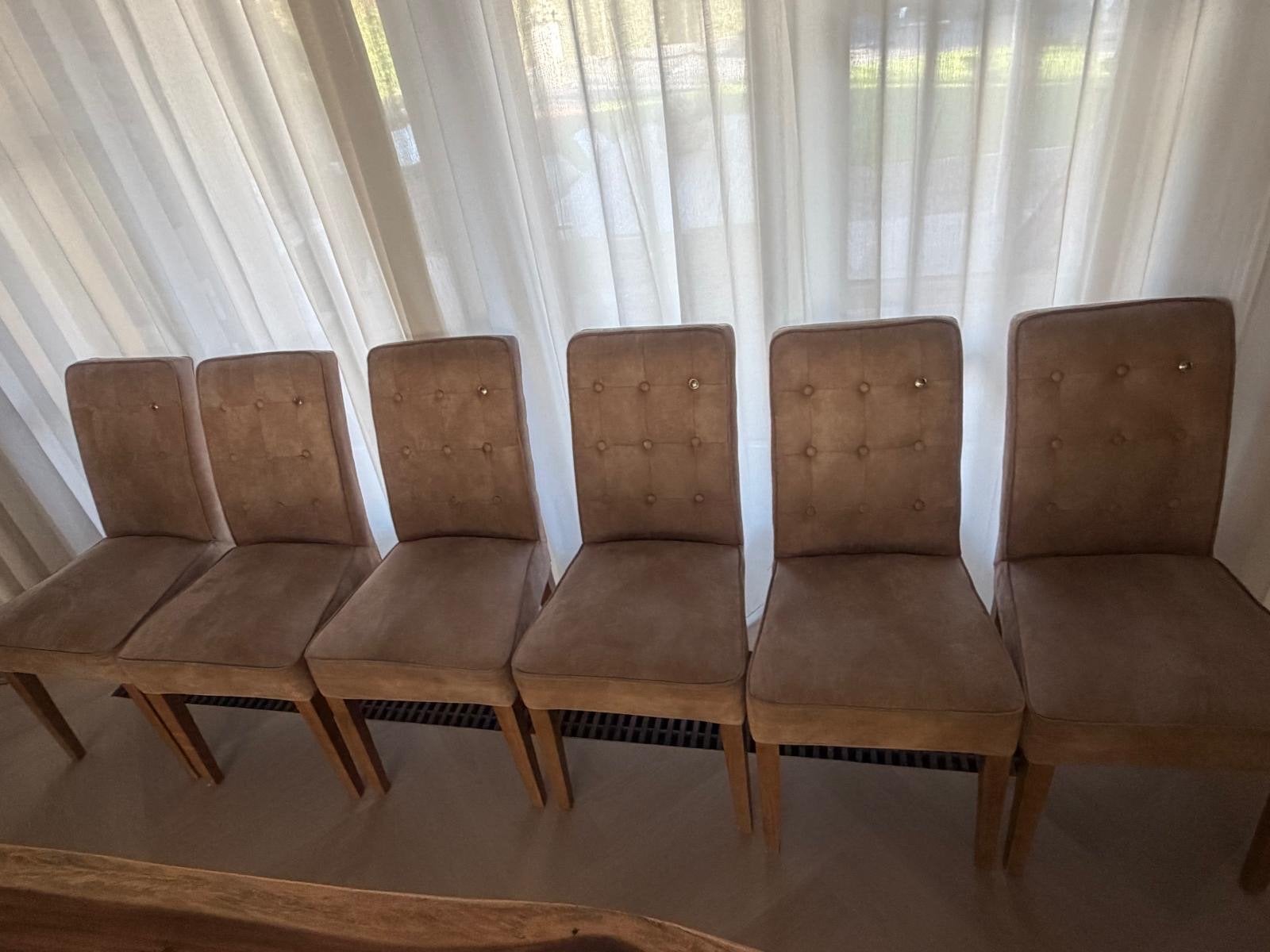 6 Rivièra Maison eetkamerstoelen Camel Pelini, Huis en Inrichting, Stoelen, Gebruikt, Bruin, Ophalen of Verzenden, Stof