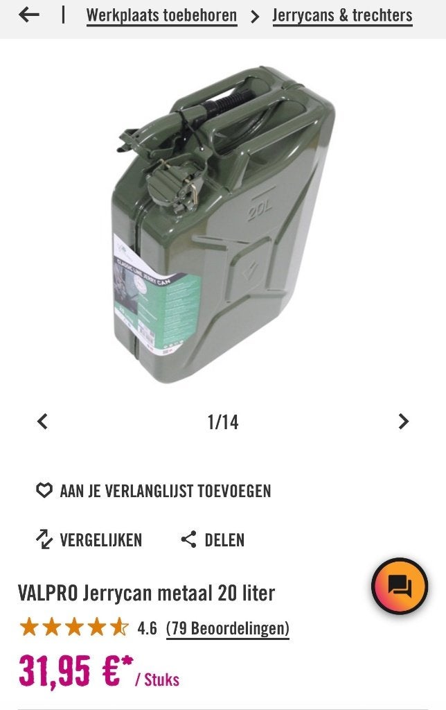 Metalen 20 liter jerrycan, gevuld met Diesel B7, Ophalen, Nieuw