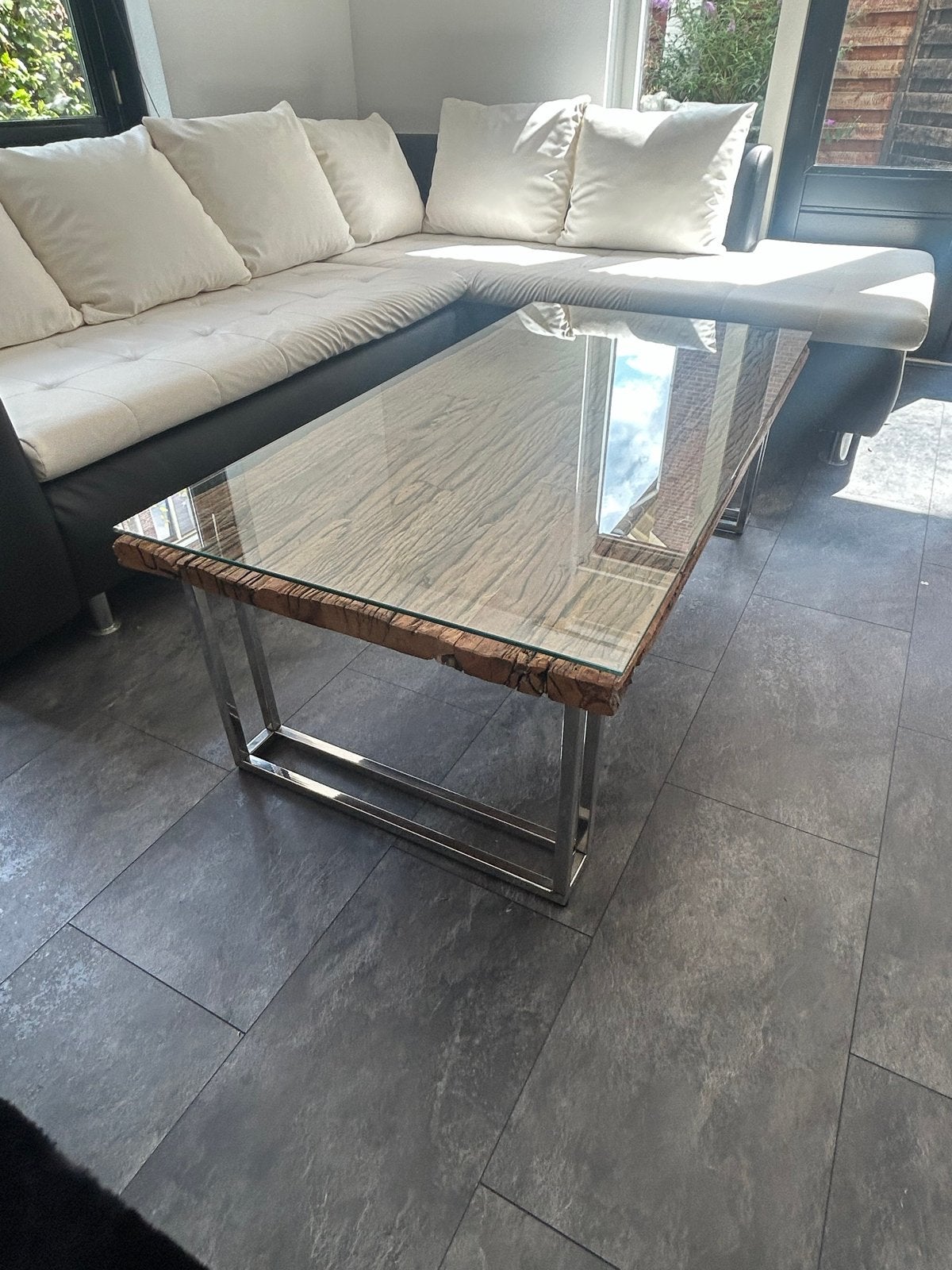 Salontafel 140x70 met zilver onderstel en glasplaat, Ophalen, 100 tot 150 cm, 50 tot 100 cm, Glas