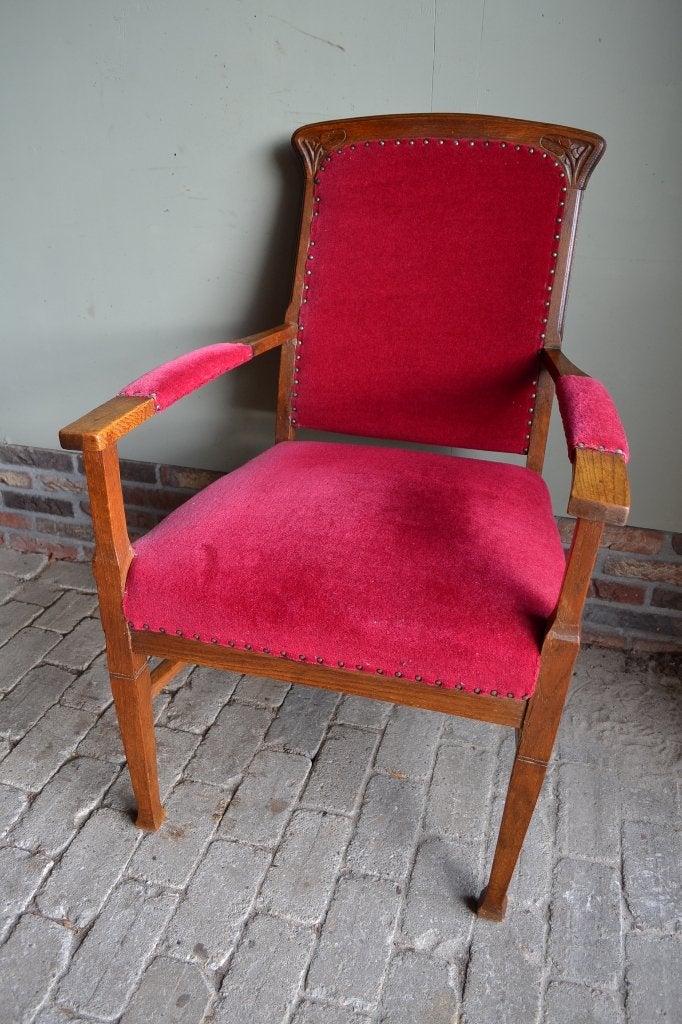 Prachtige antieke eiken Art Deco stoel met rode velours, Verzenden