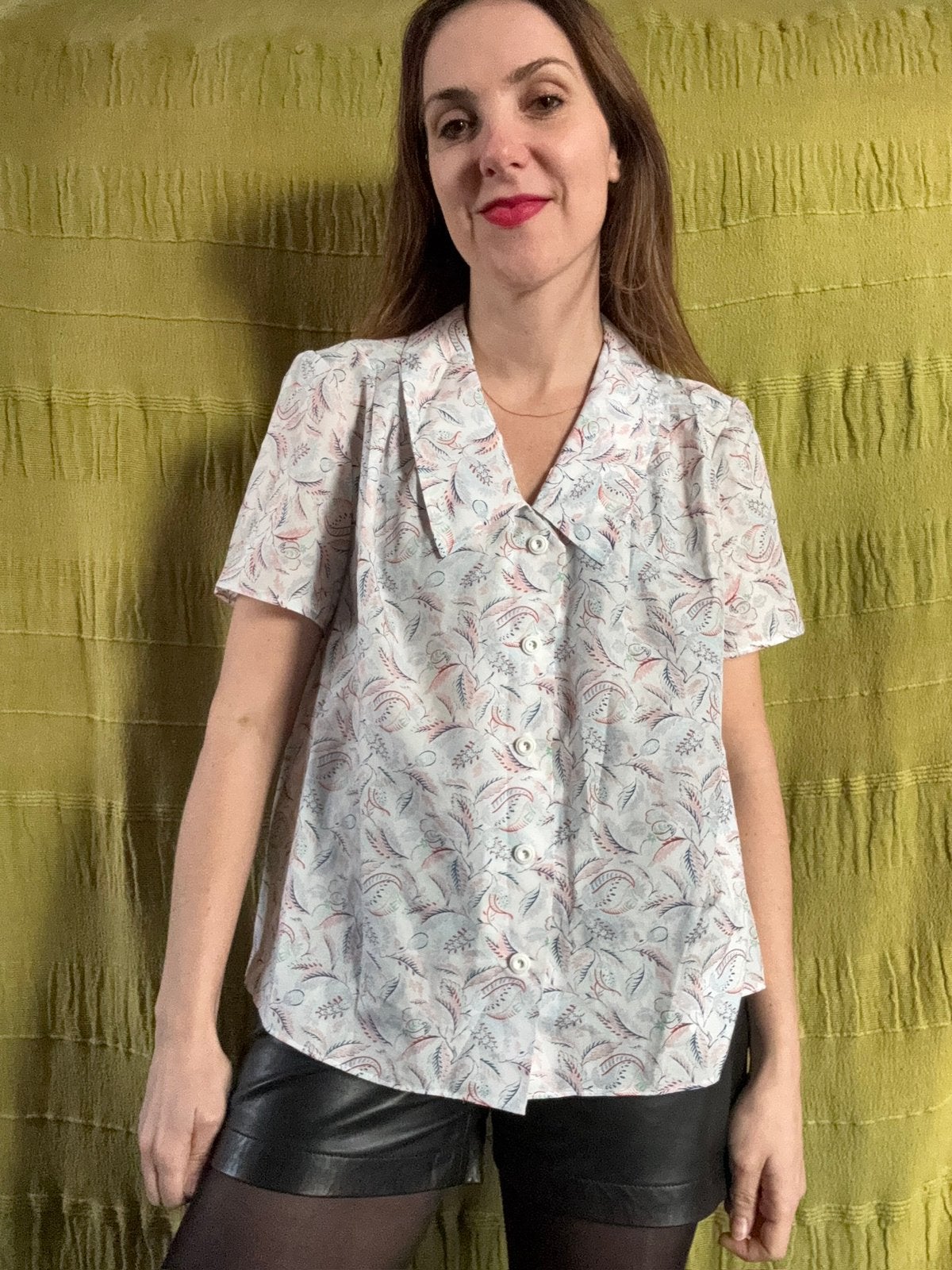 Vintage blouse/shirt - print - wit - 40/L/large, Maat 38/40 (M), Hgv, Wit, Hgv