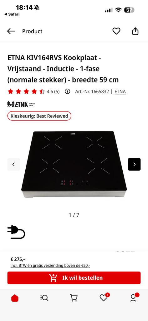 ETNA KIV164RVS Kookplaat, Ophalen, Zo goed als nieuw