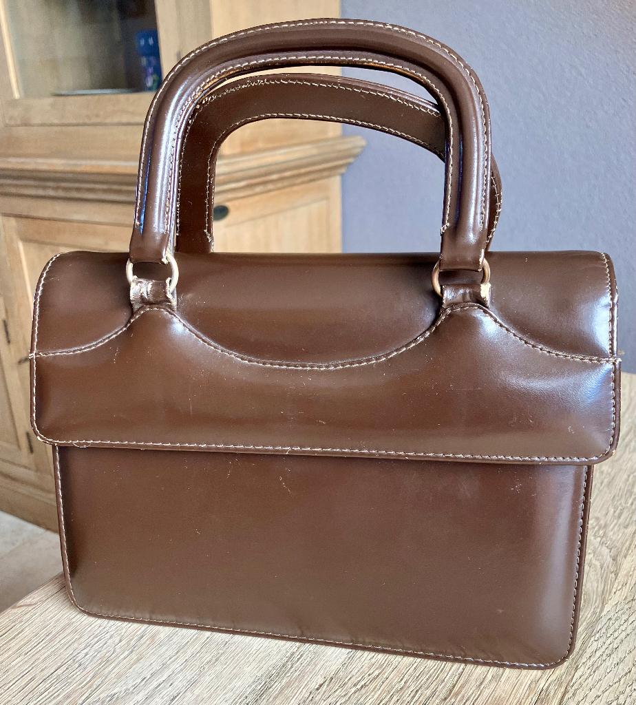Vintage leren tasje jaren 60, Sieraden, Tassen en Uiterlijk, Tassen | Damestassen, Ophalen of Verzenden, Zo goed als nieuw, Bruin