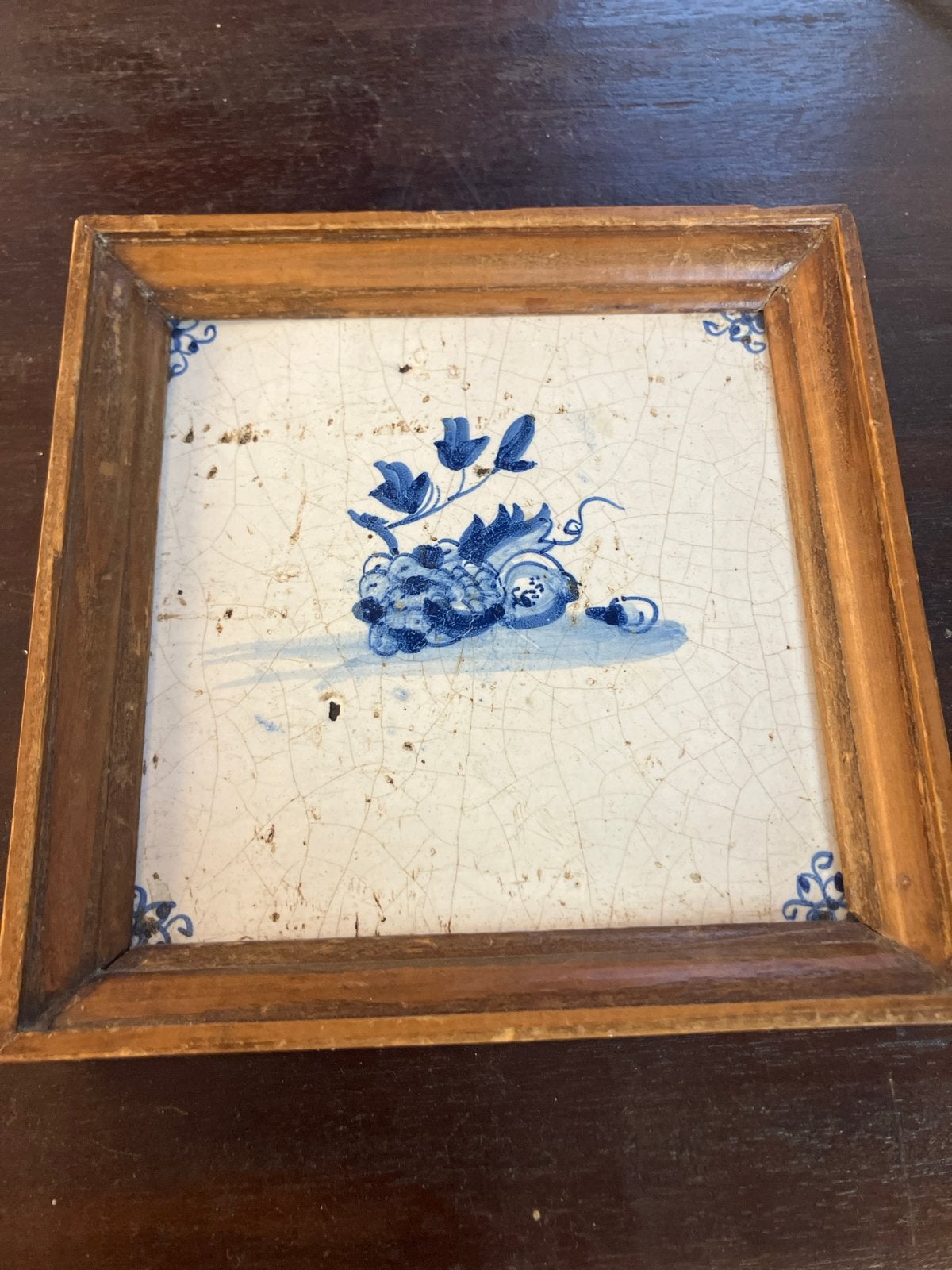 Antieke Delfts Blauw tegel in houten lijst, Ophalen