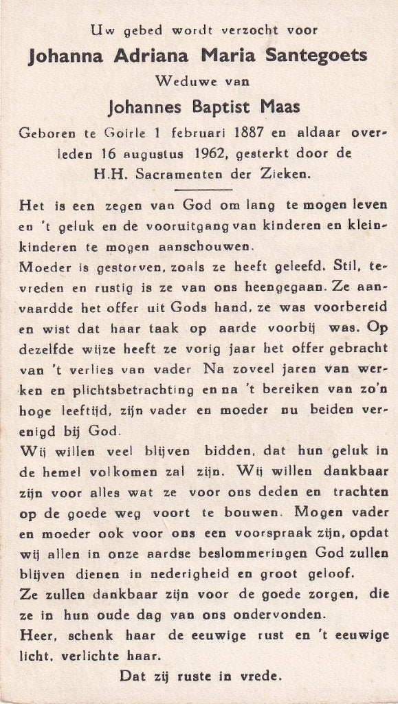 Santegoets Johanna 1887 Goirle 1962, Ophalen of Verzenden, Bidprentje
