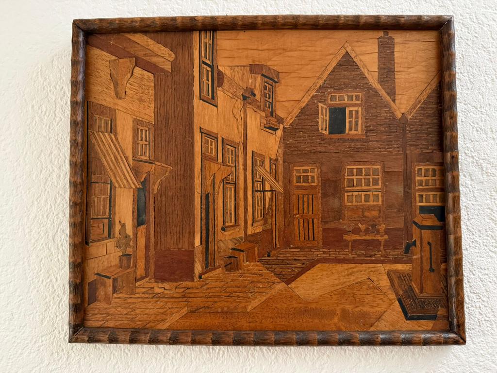 Houten ingelegd schilderijtje, Ophalen of Verzenden, Zo goed als nieuw, Schilderij, Minder dan 50 cm