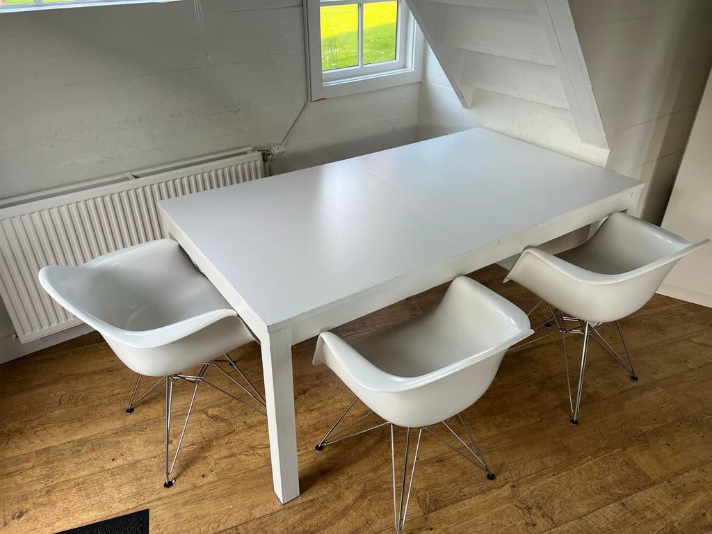 Ikea eettafel met verlengstuk en 4 composiet stoelen, Huis en Inrichting, Tafels | Eettafels, Ophalen, Kunststof, Gebruikt, 100 tot 150 cm